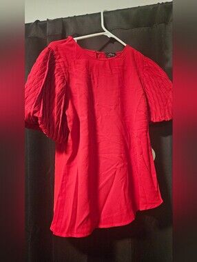 Red Puff Sleeve Blouse with Textured Sleeves